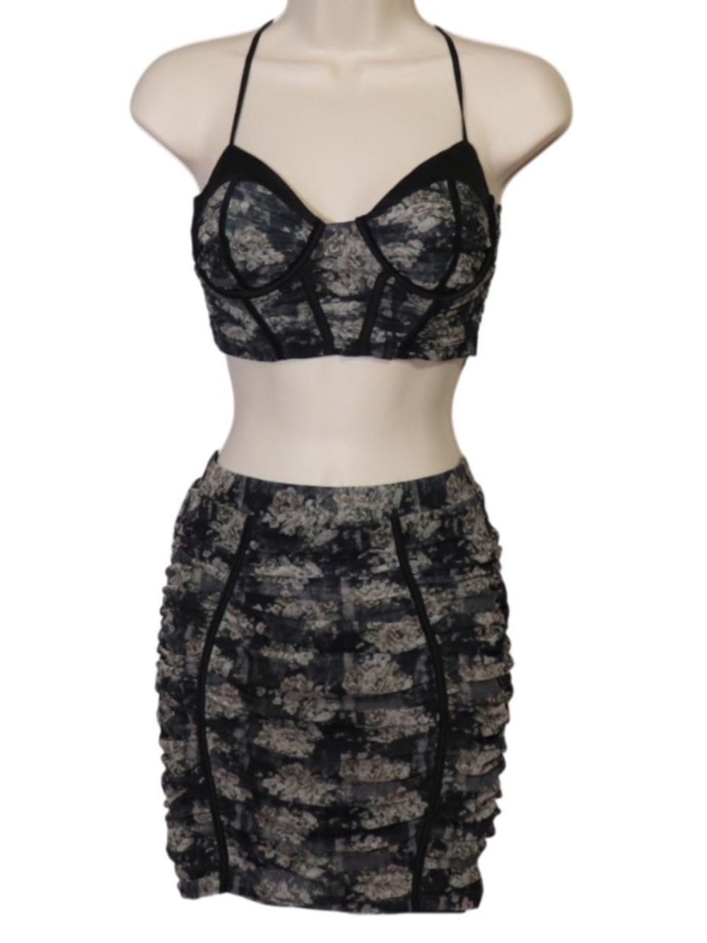 Oh Polly Floral Mesh Boned Corset Top & Ruched Mini Skirt Set